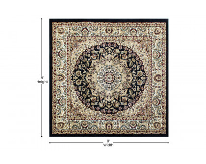 BLNK Mersin Collection Persian Style Square Olefin Area Rug with Jute Backing - Black, 7'W x 7'L