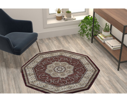 BLNK Portman Collection Persian Style Octagon Olefin Area Rug with Jute Backing - Burgundy, 4'W x 4'L