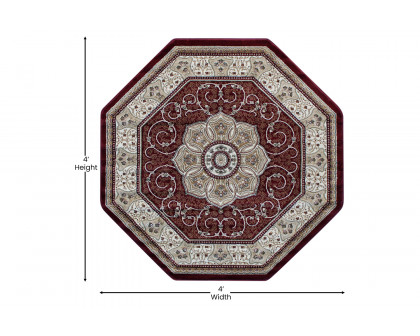 BLNK Portman Collection Persian Style Octagon Olefin Area Rug with Jute Backing - Burgundy, 4'W x 4'L