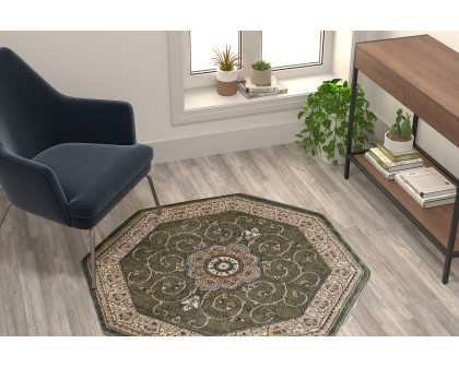 BLNK Portman Collection Persian Style Round Olefin Area Rug with Jute Backing - Green, 4'W x 4'L