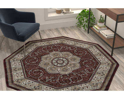 BLNK Portman Collection Persian Style Octagon Olefin Area Rug with Jute Backing - Burgundy, 5'W x 5'L