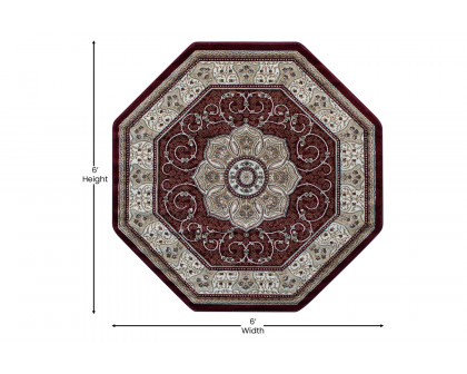 BLNK Portman Collection Persian Style Octagon Olefin Area Rug with Jute Backing - Burgundy, 5'W x 5'L