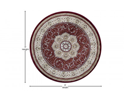 BLNK Portman Collection Persian Style Round Olefin Area Rug with Jute Backing - Burgundy, 5'W x 5'L