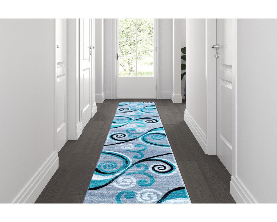 BLNK Valli Collection Abstract Olefin Area Rug with Jute Backing - Turquoise, 2'W x 11'L