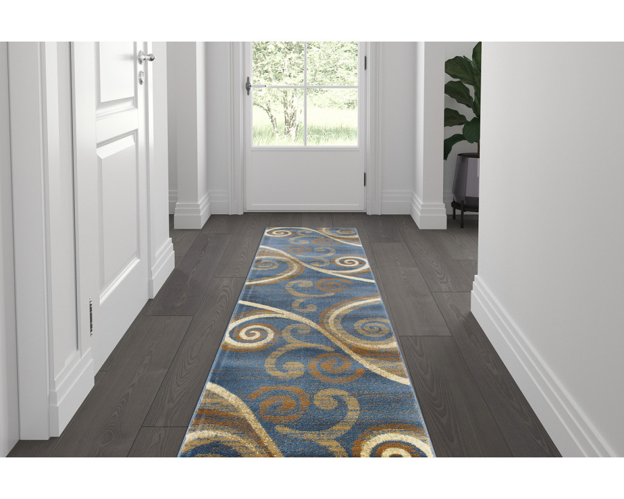 BLNK Valli Collection Abstract Olefin Area Rug with Jute Backing - Blue, 2'W x 7'L