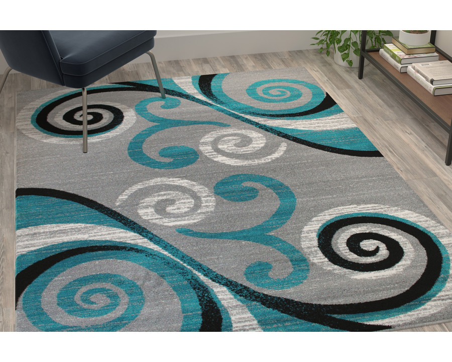 BLNK Valli Collection Abstract Olefin Area Rug with Jute Backing - Turquoise, 5'W x 7'L