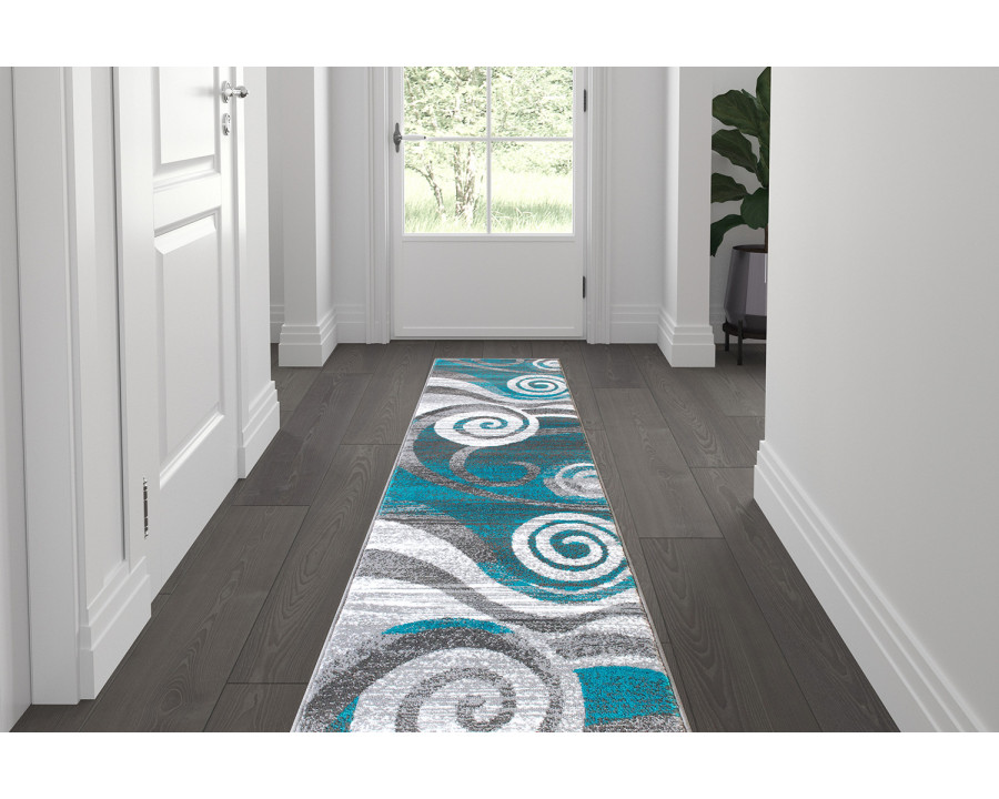 BLNK Cirrus Collection Olefin Swirl Patterned Area Rug with Jute Backing - Turquoise, 2'W x 7'L