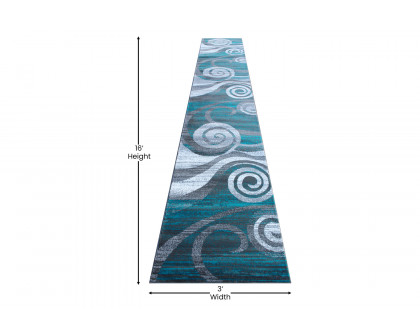 BLNK Cirrus Collection Olefin Swirl Patterned Area Rug with Jute Backing - Turquoise, 3'W x 16'L