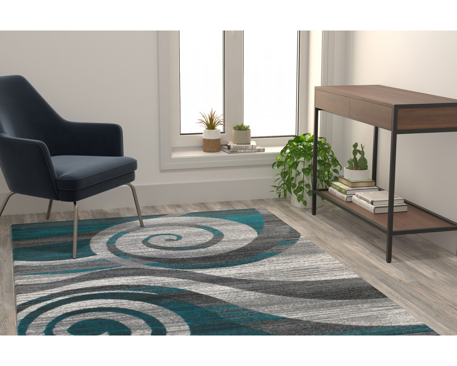 BLNK Cirrus Collection Olefin Swirl Patterned Area Rug with Jute Backing - Turquoise, 5'W x 7'L