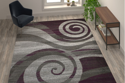 Flash Furniture Cirrus Collection 2' x 7' Purple Swirl Patterned Olefin Area Rug with Jute Backi