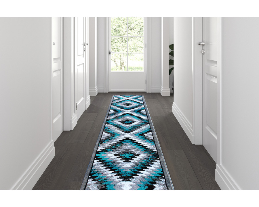 BLNK Teagan Collection Southwestern Style Olefin Area Rug with Jute Backing - Turquoise, 2'W x 11'L