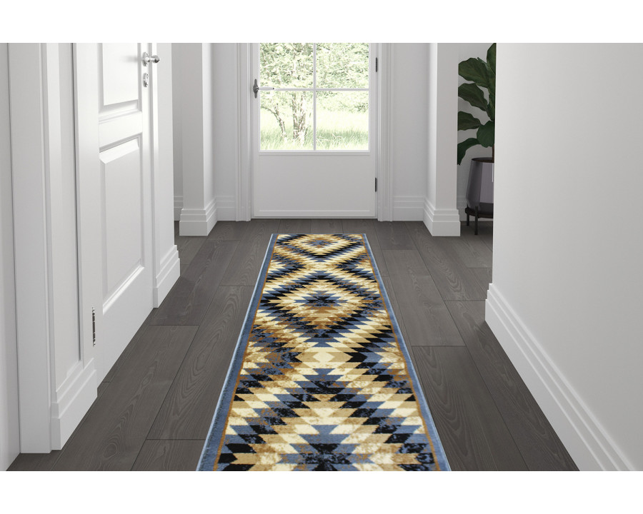 BLNK Teagan Collection Southwestern Style Olefin Area Rug with Jute Backing - Blue, 2'W x 7'L