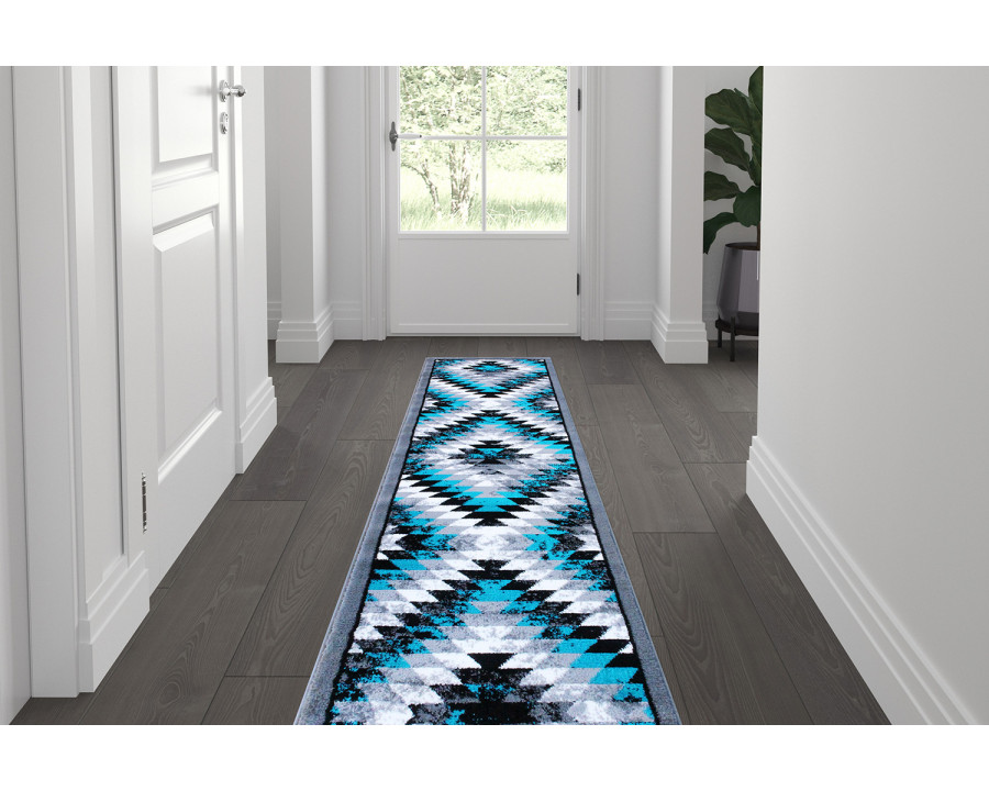 BLNK Teagan Collection Southwestern Style Olefin Area Rug with Jute Backing - Turquoise, 2'W x 7'L