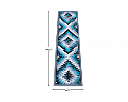 BLNK Teagan Collection Southwestern Style Olefin Area Rug with Jute Backing - Turquoise, 2'W x 7'L