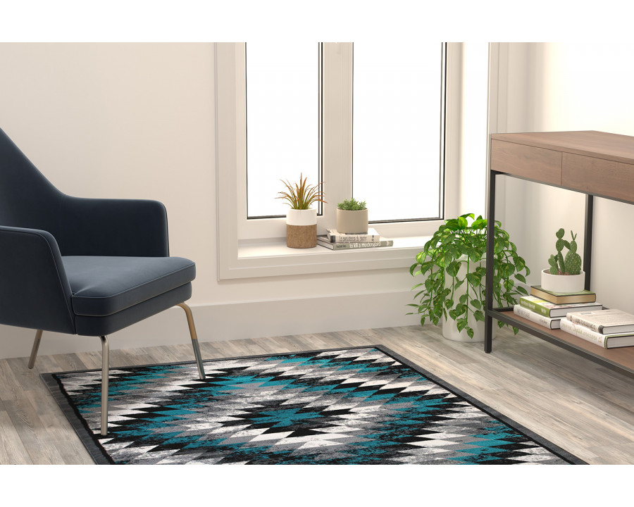 BLNK Teagan Collection Southwestern Style Olefin Area Rug with Jute Backing - Turquoise, 4'W x 5'L