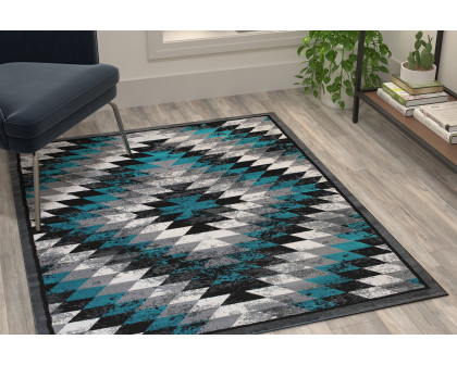 BLNK Teagan Collection Southwestern Style Olefin Area Rug with Jute Backing - Turquoise, 4'W x 5'L