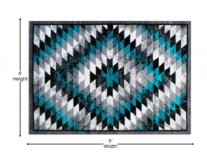 BLNK Teagan Collection Southwestern Style Olefin Area Rug with Jute Backing - Turquoise, 4'W x 5'L