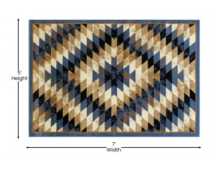 BLNK Teagan Collection Southwestern Style Olefin Area Rug with Jute Backing - Blue, 5'W x 7'L