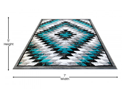 BLNK Teagan Collection Southwestern Style Olefin Area Rug with Jute Backing - Turquoise, 5'W x 7'L