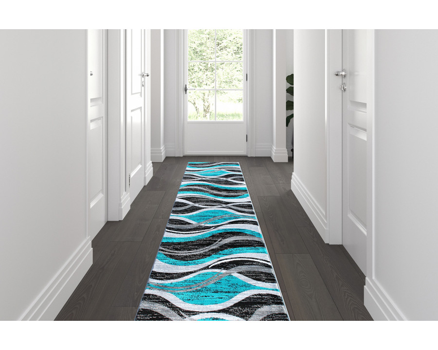 BLNK Wisp Collection Olefin Rippled Area Rug with Jute Backing - Turquoise, 2'W x 11'L