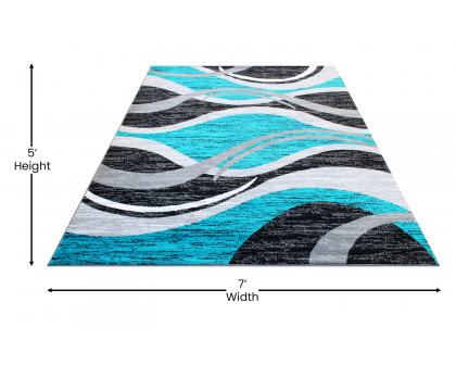 BLNK Wisp Collection Olefin Rippled Area Rug with Jute Backing - Turquoise, 5'W x 7'L