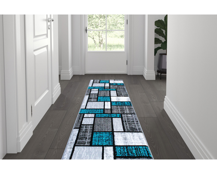 BLNK Raven Collection Olefin Color Bricked Area Rug with Jute Backing - Turquoise, 2'W x 7'L