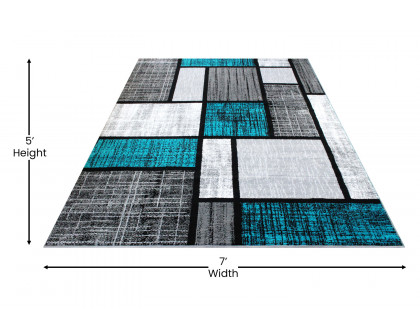 BLNK Raven Collection Olefin Color Bricked Area Rug with Jute Backing - Turquoise, 5'W x 7'L