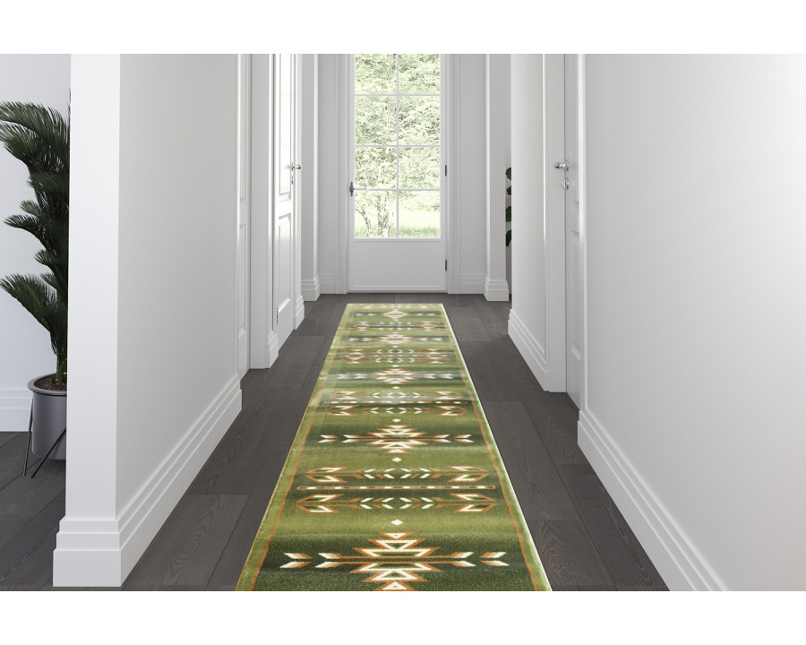 BLNK Lodi Collection Southwestern Style Olefin Area Rug with Jute Backing - Green, 3'W x 16'L