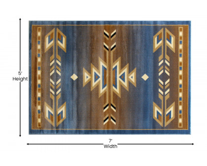 BLNK Lodi Collection Southwestern Style Olefin Area Rug with Jute Backing - Blue, 5'W x 7'L