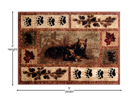 BLNK Vassa Collection Olefin Mother Bear and Cubs Nature Themed Area Rug with Jute Backing - 4'W x 5'L