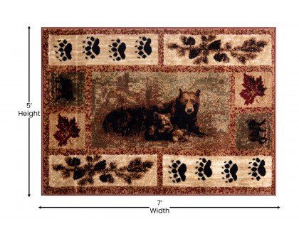 BLNK Vassa Collection Olefin Mother Bear and Cubs Nature Themed Area Rug with Jute Backing - 5'W x 7'L