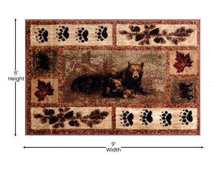 BLNK Vassa Collection Olefin Mother Bear and Cubs Nature Themed Area Rug with Jute Backing - 6'W x 9'L