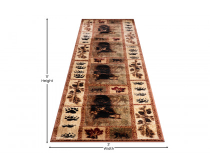 BLNK Vassa Collection Olefin Mother Bear and Cubs Nature Themed Area Rug with Jute Backing - 2'W x 11'L