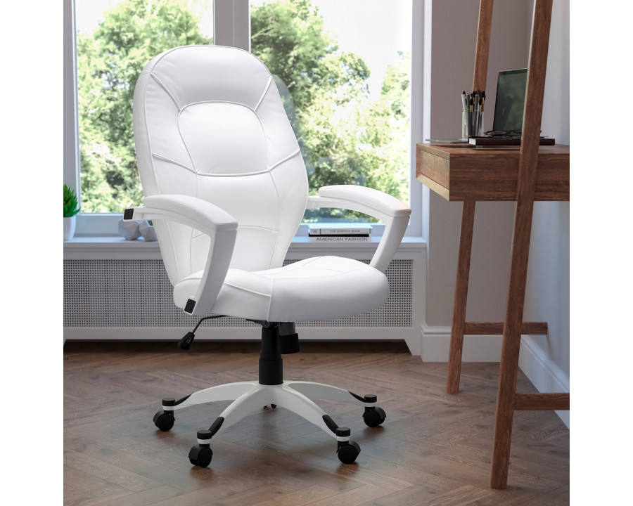 BLNK - Quincey LeatherSoft Mid-Back Tapered Back Executive Swivel Office Chair with White Base and Arms