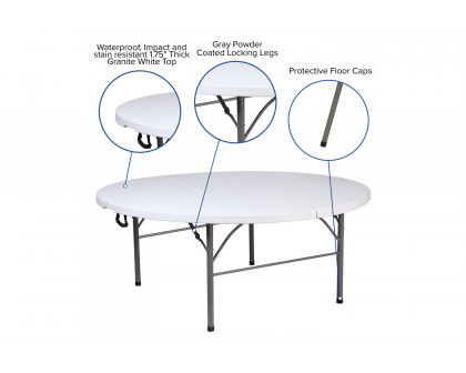 BLNK - Round Granite White Plastic Bi-Fold Banquet and Event Folding Table with Carrying Handle