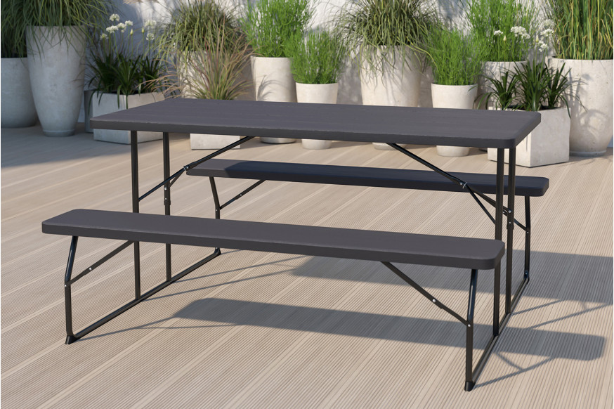 BLNK™ Insta-Fold Folding Picnic Table and Benches - 4.5 Foot Folding Table - Charcoal Wood Grain