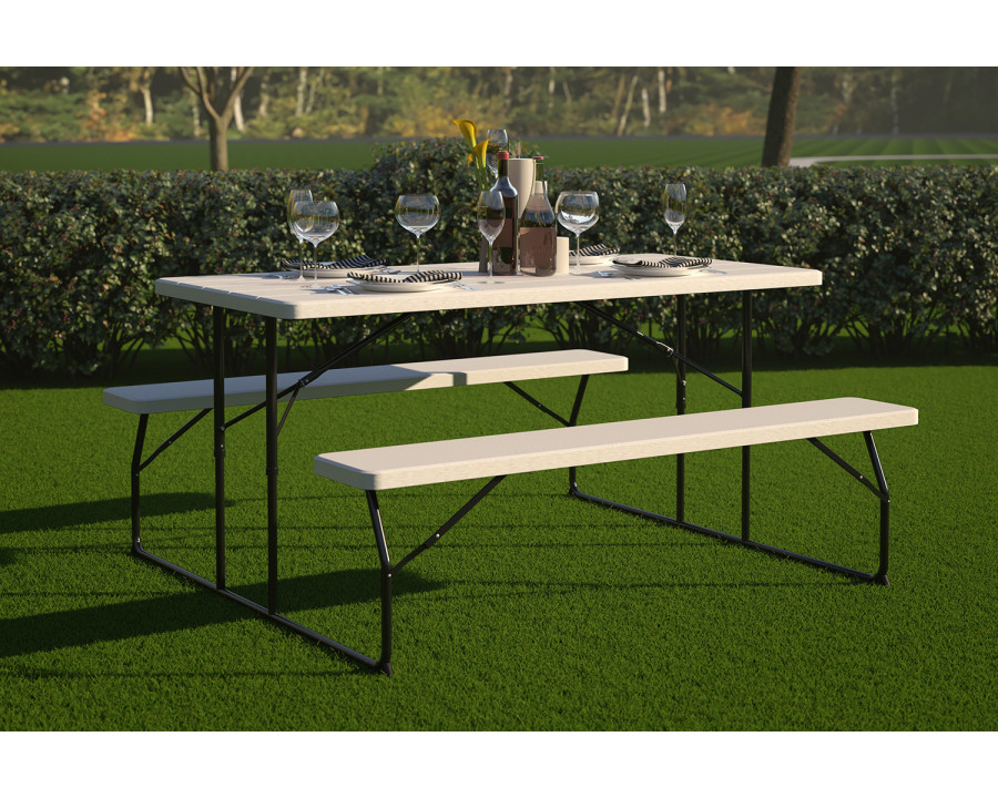 BLNK Insta-Fold Folding Picnic Table and Benches - 4.5 Foot Folding Table - White Wood Grain