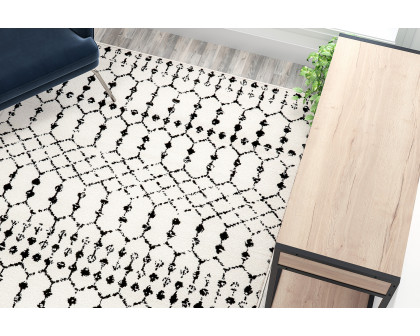 BLNK Beth Geometric Bohemian Low Pile Rug - Ivory/Black, 5'W x 7'L