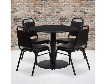 BLNK Jamie Round Laminate Table Set with Round Base and 4 Black Trapezoidal Back Banquet Chairs