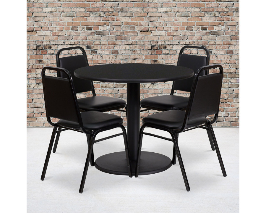 BLNK Jamie Round Laminate Table Set with Round Base and 4 Black Trapezoidal Back Banquet Chairs - Black