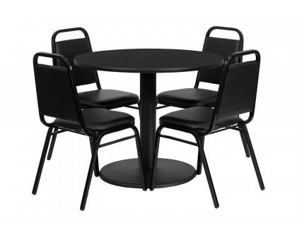 BLNK Jamie Round Laminate Table Set with Round Base and 4 Black Trapezoidal Back Banquet Chairs - Black