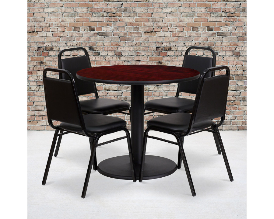 BLNK Jamie Round Laminate Table Set with Round Base and 4 Black Trapezoidal Back Banquet Chairs - Mahogany