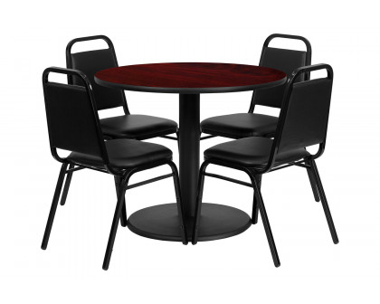 BLNK Jamie Round Laminate Table Set with Round Base and 4 Black Trapezoidal Back Banquet Chairs - Mahogany