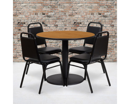 BLNK Jamie Round Laminate Table Set with Round Base and 4 Black Trapezoidal Back Banquet Chairs