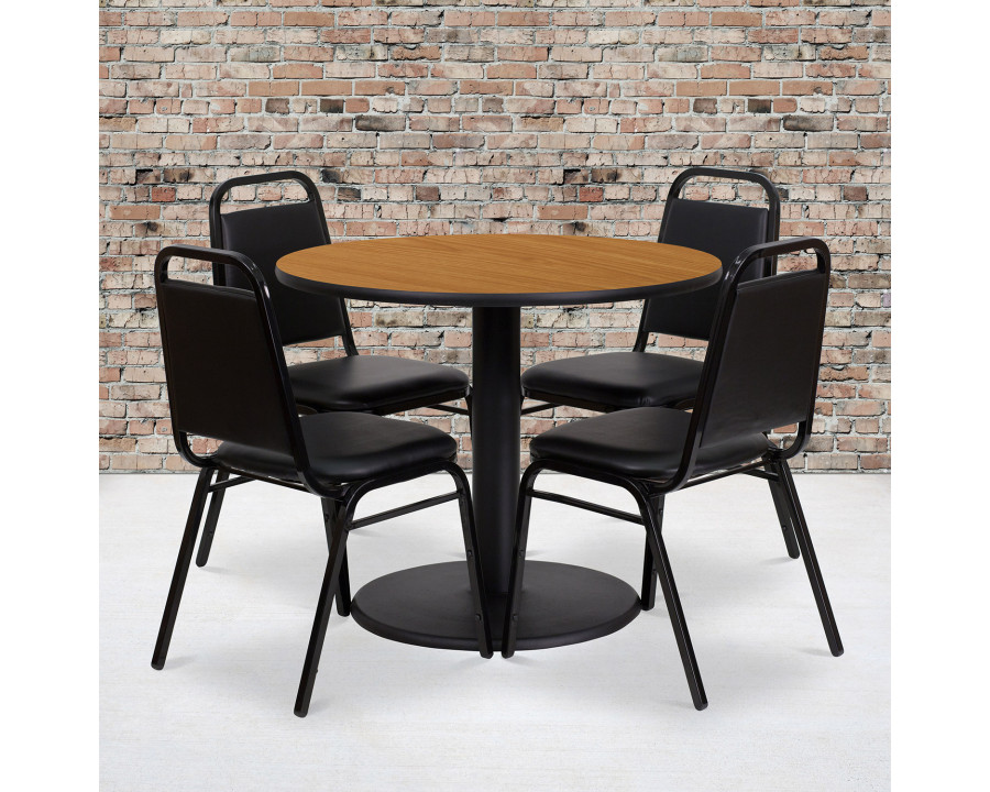 BLNK Jamie Round Laminate Table Set with Round Base and 4 Black Trapezoidal Back Banquet Chairs - Natural