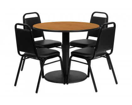 BLNK Jamie Round Laminate Table Set with Round Base and 4 Black Trapezoidal Back Banquet Chairs - Natural