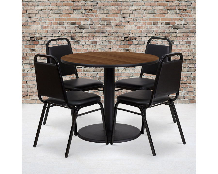 BLNK Jamie Round Laminate Table Set with Round Base and 4 Black Trapezoidal Back Banquet Chairs