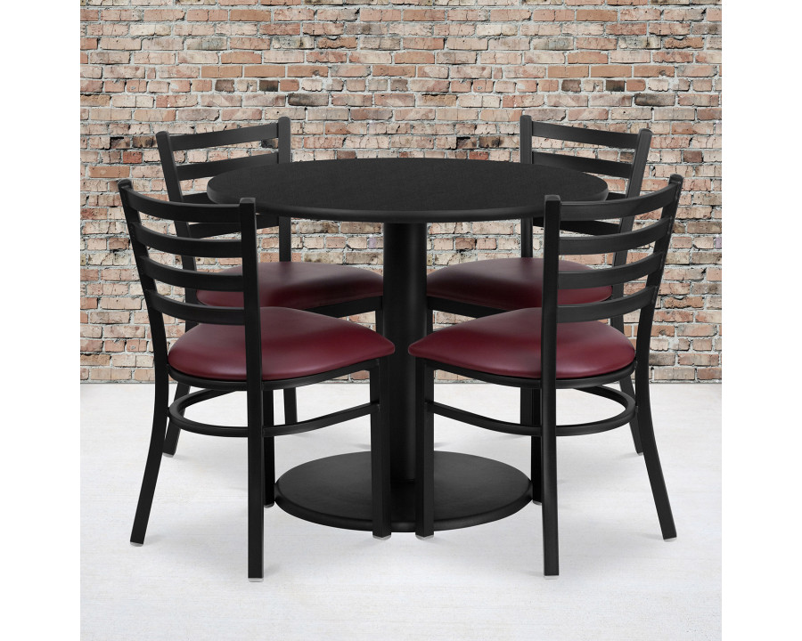 BLNK Jamie Round Black Laminate Table Set with Round Base and 4 Ladder Back Metal Chairs with Vinyl Seat