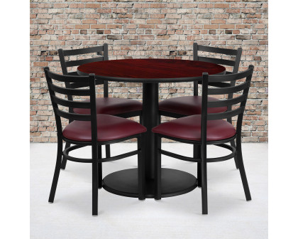 BLNK Jamie Round Mahogany Laminate Table Set with Round Base and 4 Ladder Back Metal Chairs with Vinyl Seat