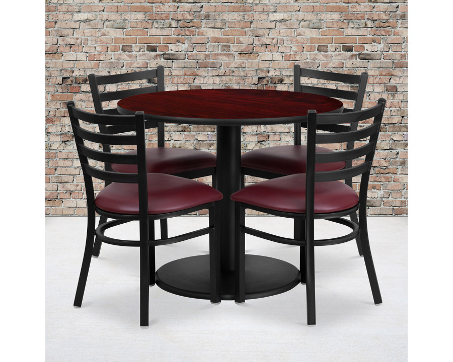 BLNK Jamie Round Mahogany Laminate Table Set with Round Base and 4 Ladder Back Metal Chairs with Vinyl Seat - Burgundy